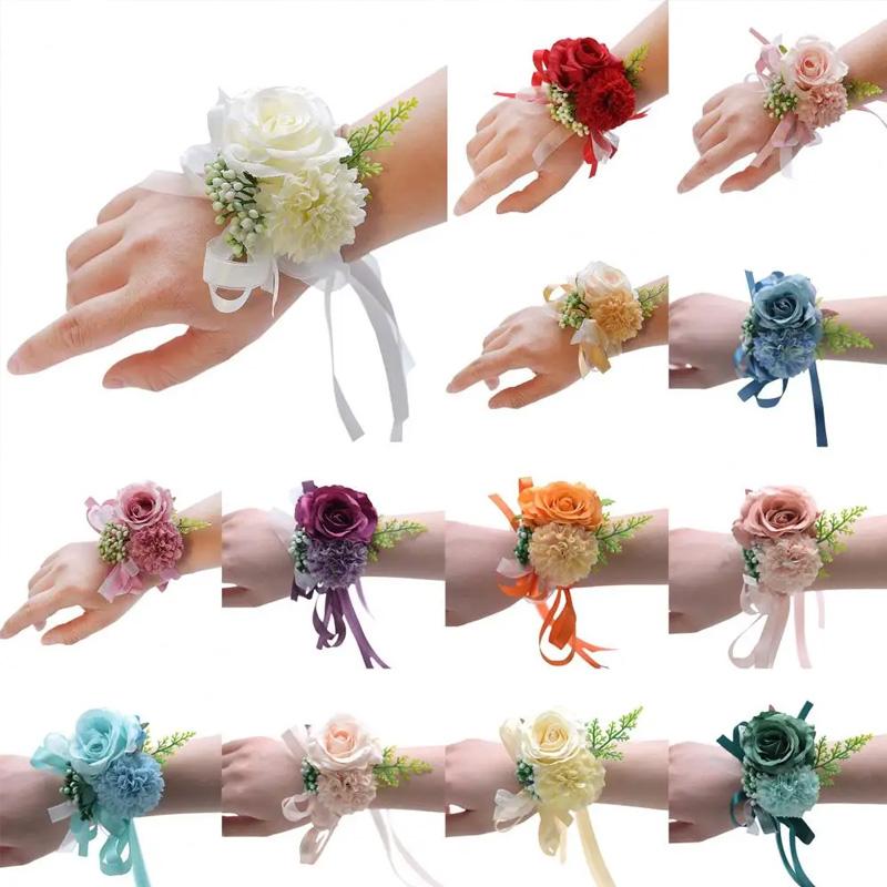 1PC Suit Corsage Pins Elegant Corsage Bracelet Wedding Non-Fading Silk Rose Bridesmaid Wrist Flower Groom Boutonnier