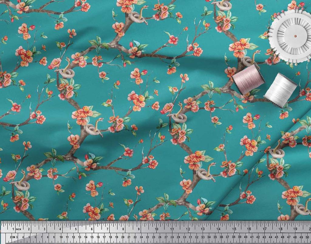 Soimoi Japonská krepová saténová látka Had, listy a květy, květinový potisk v metrech 42 palců