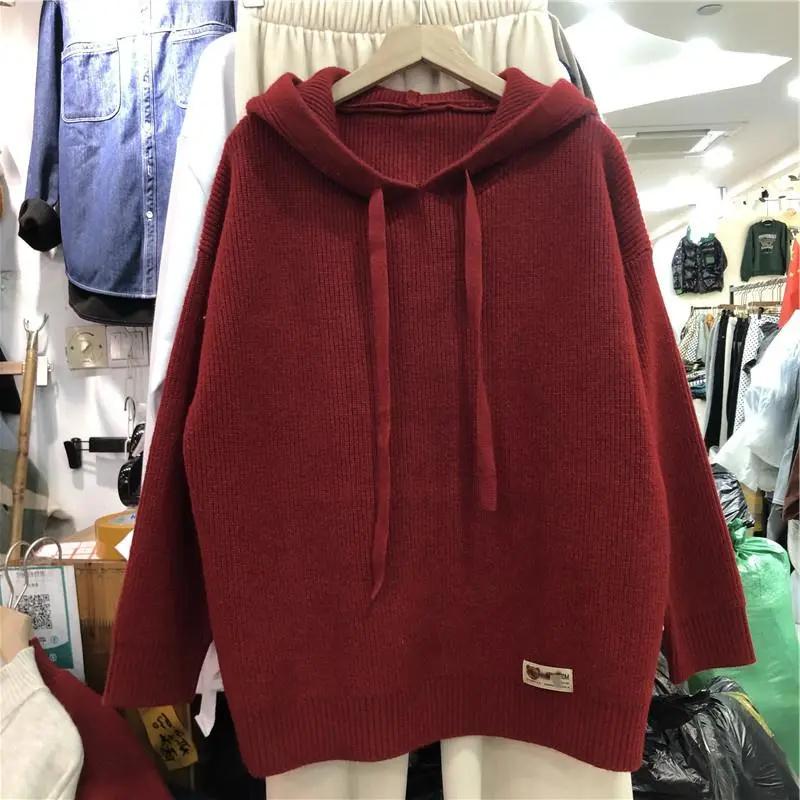 Sweater for Women Winter Solid Color Hooded Sweater for Women - Korean-style Loose-fit Casual Thick Pullover Knit Sweater