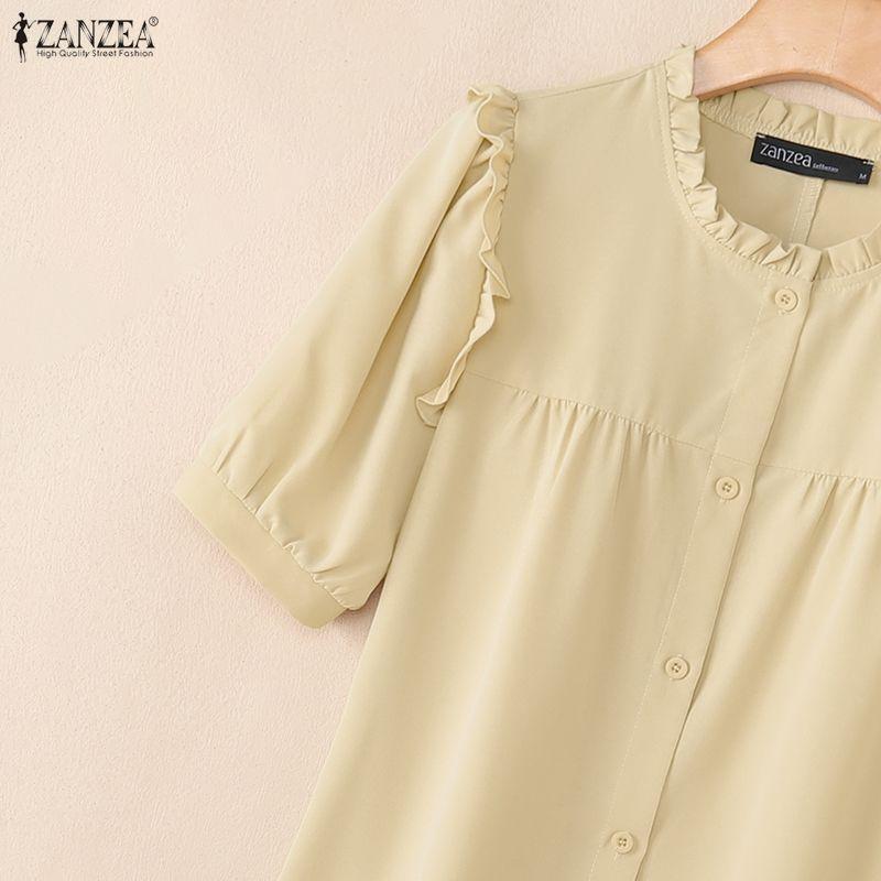 ZANZEA Women Casual Round Neck Solid Color Loose Short Sleeve Dress