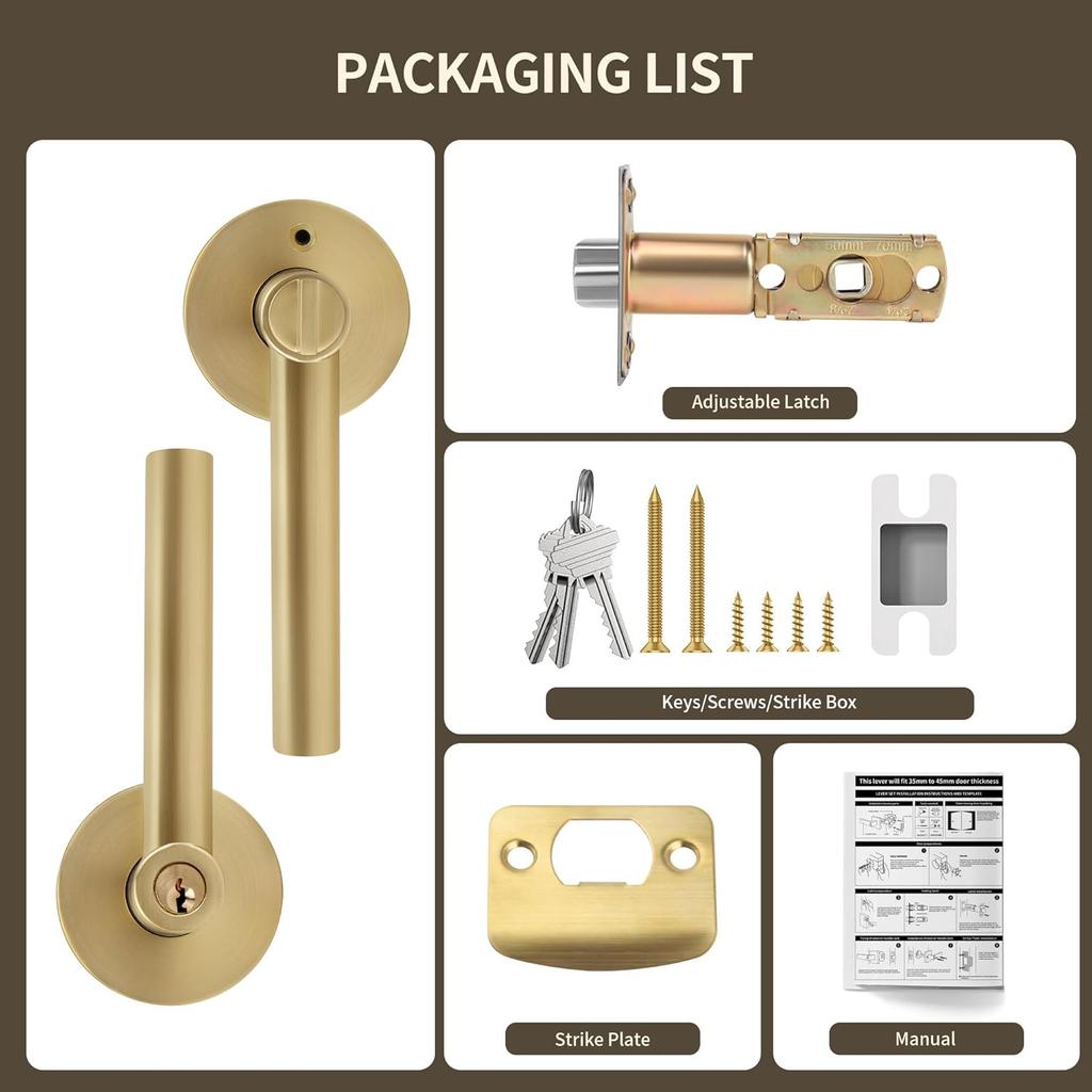 Moquin Brass Gold Heavy Duty Round Design Door Lever, Keyed Entry Door Handle in Gold, Reversible Door Lock for Front Entrance Door