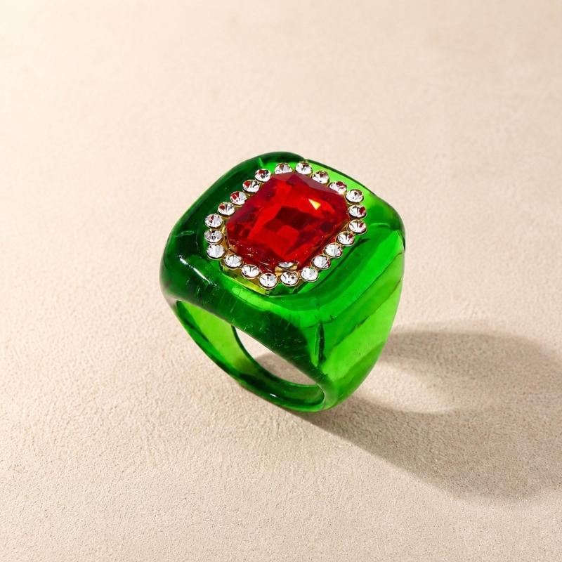 See-Through Resin Fashion Ring with Bold Square Profile, Raised Faceted Centerpiece and Accent Border for Outfit Styling