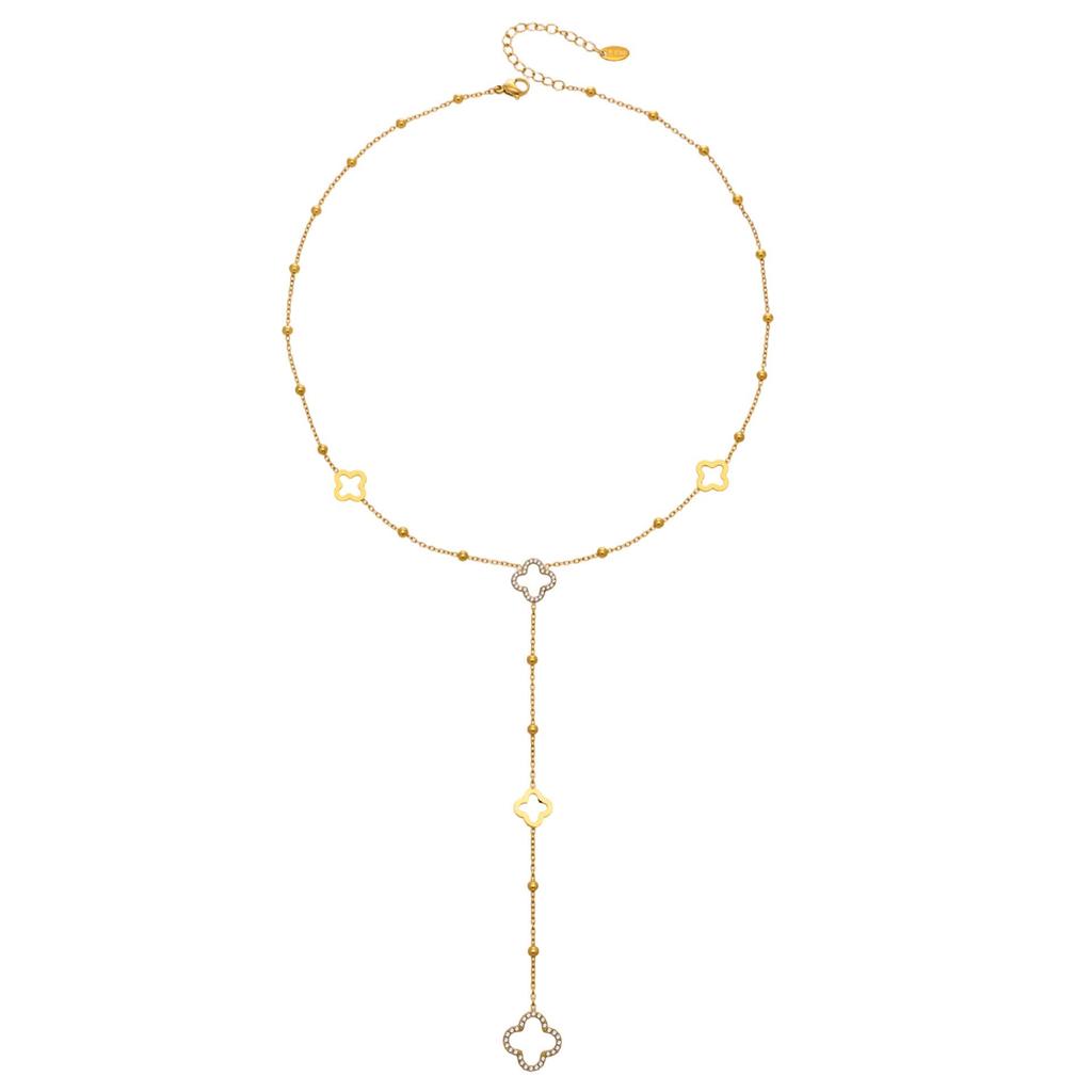 18K Gold-Plated Y-Shaped Tassel Necklace with Ultra-Shiny Zircon and Lucky Flower Design