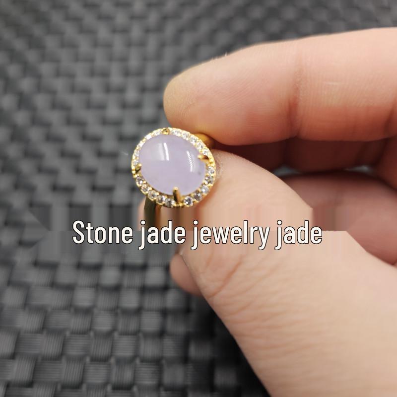 Emerald Jade & Purple Quartzite Diamond Inlaid Open Egg-shaped Ring