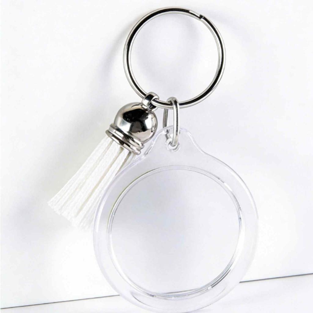 Lot de 50 Porte-clés Cadre Photo Acrylique avec Pompons Fermeture par Pression Insertion Photo Transparent Vide Porte-clés Rond 50 Pièces