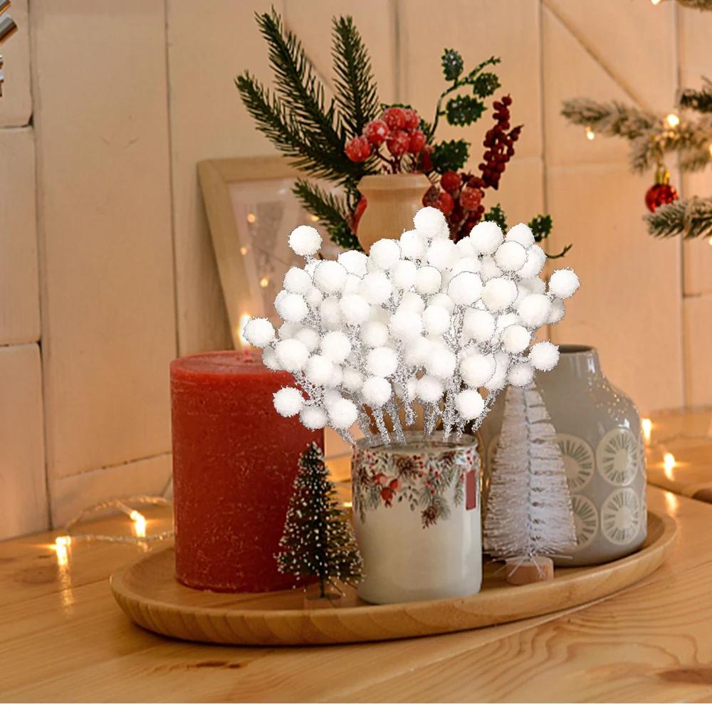 White Artificial Berry Stem Snow Tipped Frosted Christmas Berries Branch DIY Wreath Xmas Tree Ornament Wedding Home Table Decor