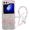 For Samsung Galaxy Z Flip 5 Case Pink,Cute Bow Flowers Print Curly Wavy Frame Ladies Girls TPU Protective Cover Shock-Resistant