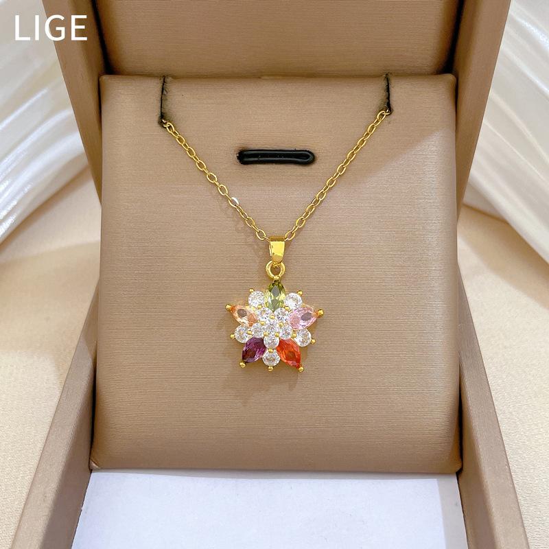 Bunte Blumen voller Diamanten, Temperament von leichtem Luxus, Wunderschöne Voll-Diamant-Halskette, Vielseitige Damen-Schlüsselbeinkette, Titanstahlkette