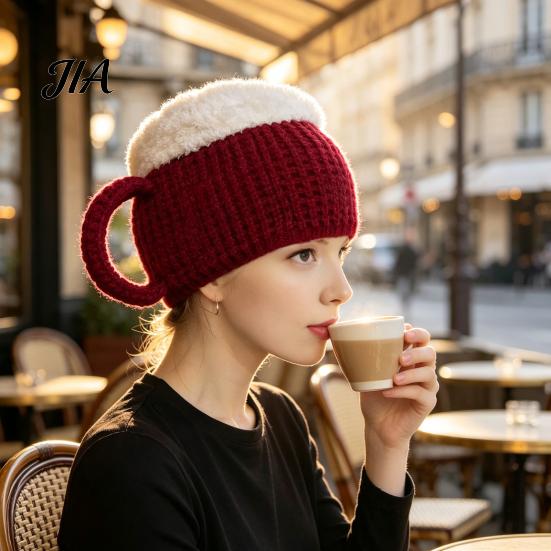 Unique 3D Beer Cup Headwear Funny Mug Hat, Novelty Knitted Leg Warmers Hat with Handles, Winter Warm Gloves for Adults Men And Women Cozy Thanksgiving