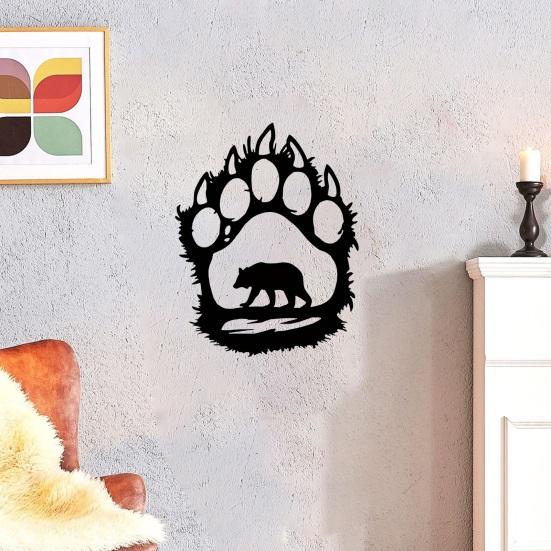 Farmhouse Style Wall Art Metal Hollow Out Bear Art, Rustic Forest Landscape Hanging Sculpture with Paw Handmade Wooden Decoration Prints,
