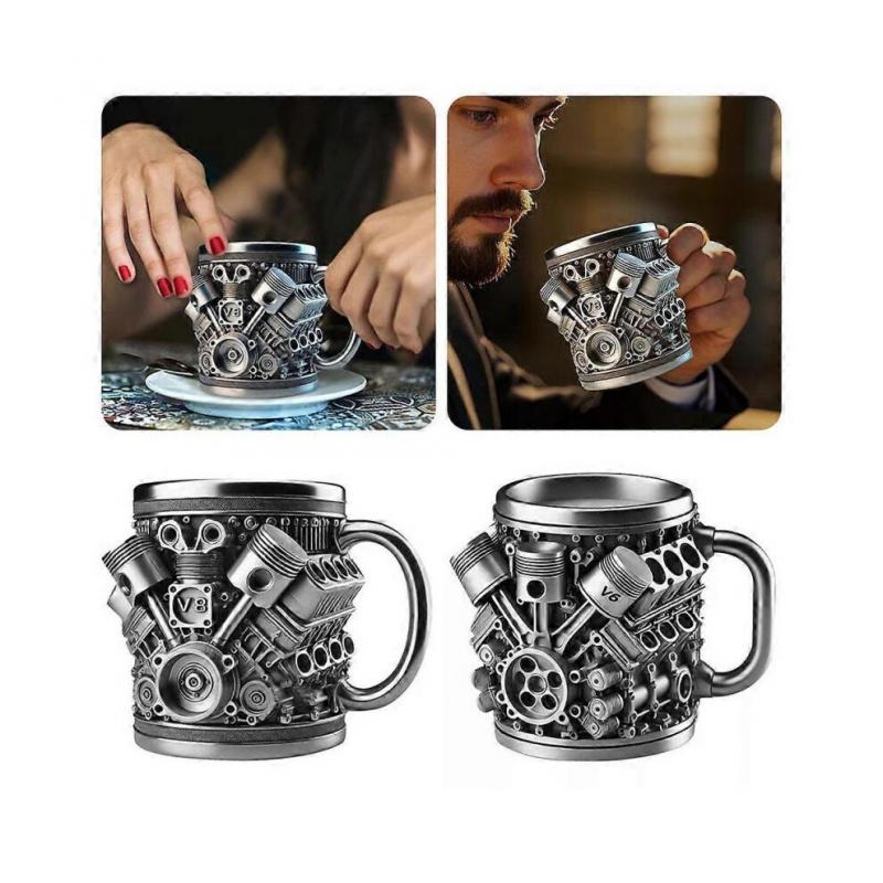 (V8)Personalized Stainless Steel Mug Engine Design Punk-Style Drinking Cup Double-Wall Insulated Cup for Car Enthusiasts