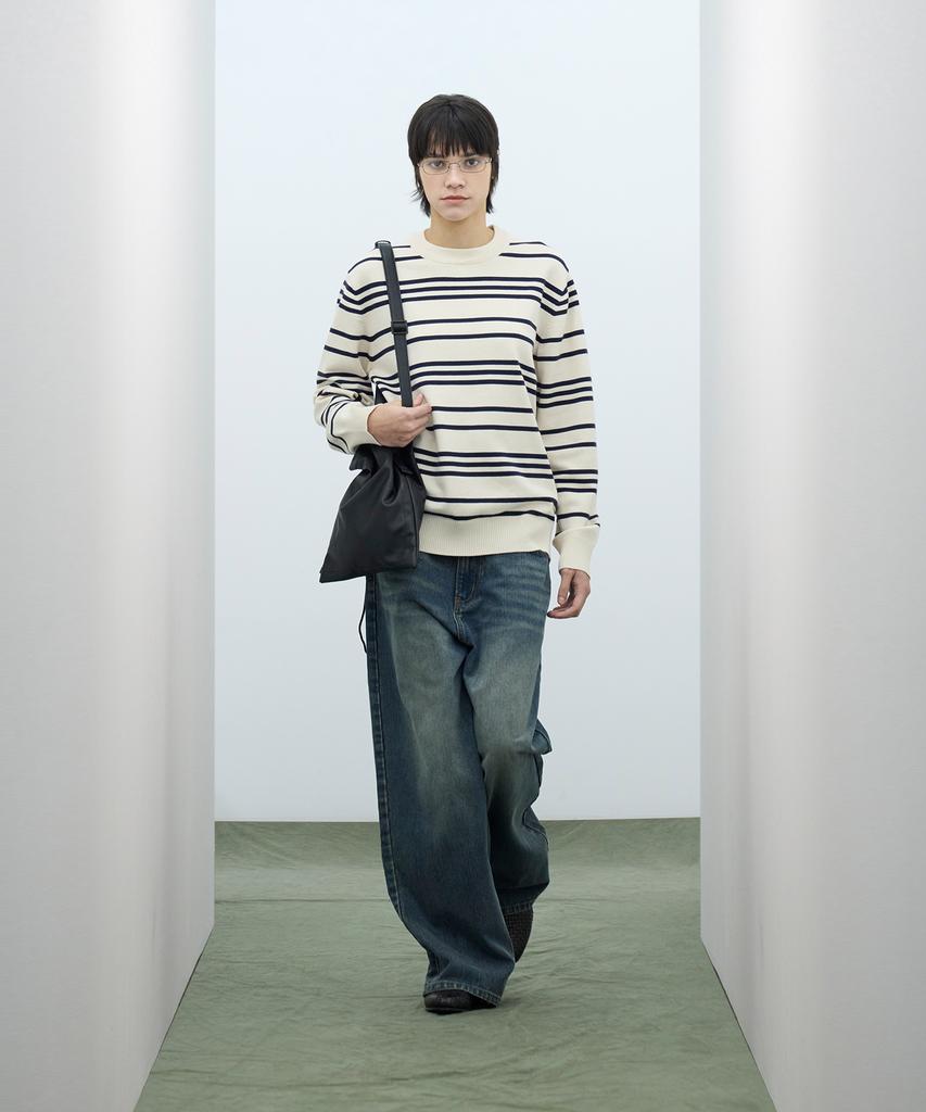 IRONYPORNO WHITELINE 86-Iroj368 Classic Small Stripe Long Sleeve Knit Beige