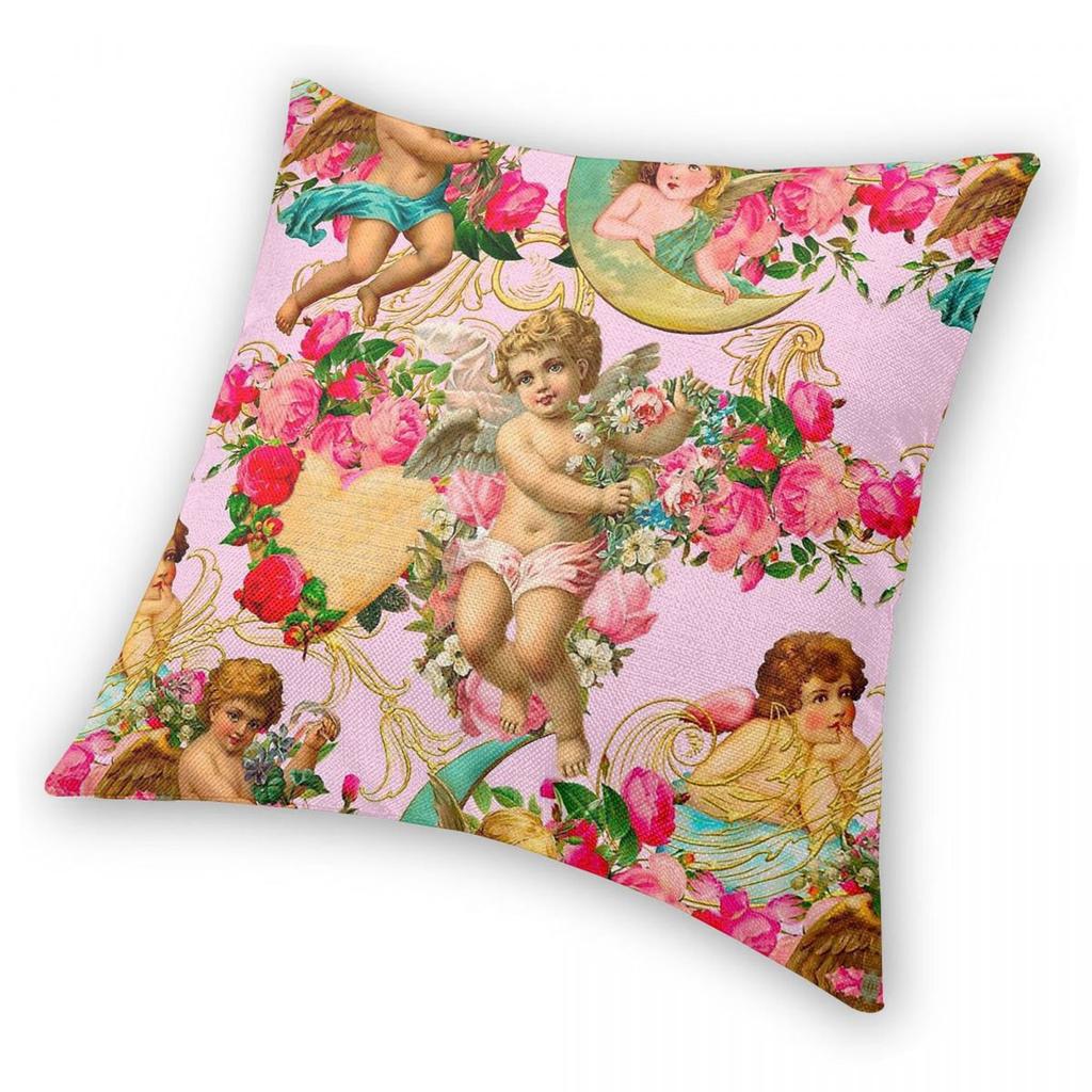 Engel Verschnörkelte Barockmotive Quadratischer Kissenbezug Polyester Leinen Samt Muster Dekorative Kissenhülle Sofasitzer Kissenbezug