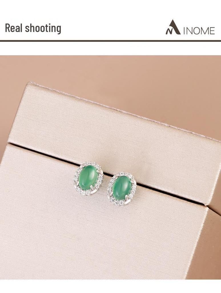 Natural Green Chalcedony & Rhinestone Stud Earrings in S925 Sterling Silver for Women's Elegant Daily Wear
