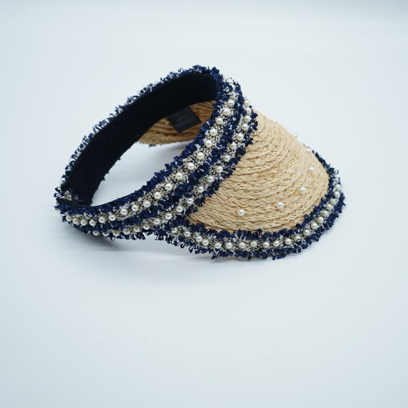 

Xiaoxiang Socialite Pearl Raffia Cap Women S Summer Vacation Beach Sunshade Sunscreen Damp Straw Hat Empty Top French M（56-58cm）