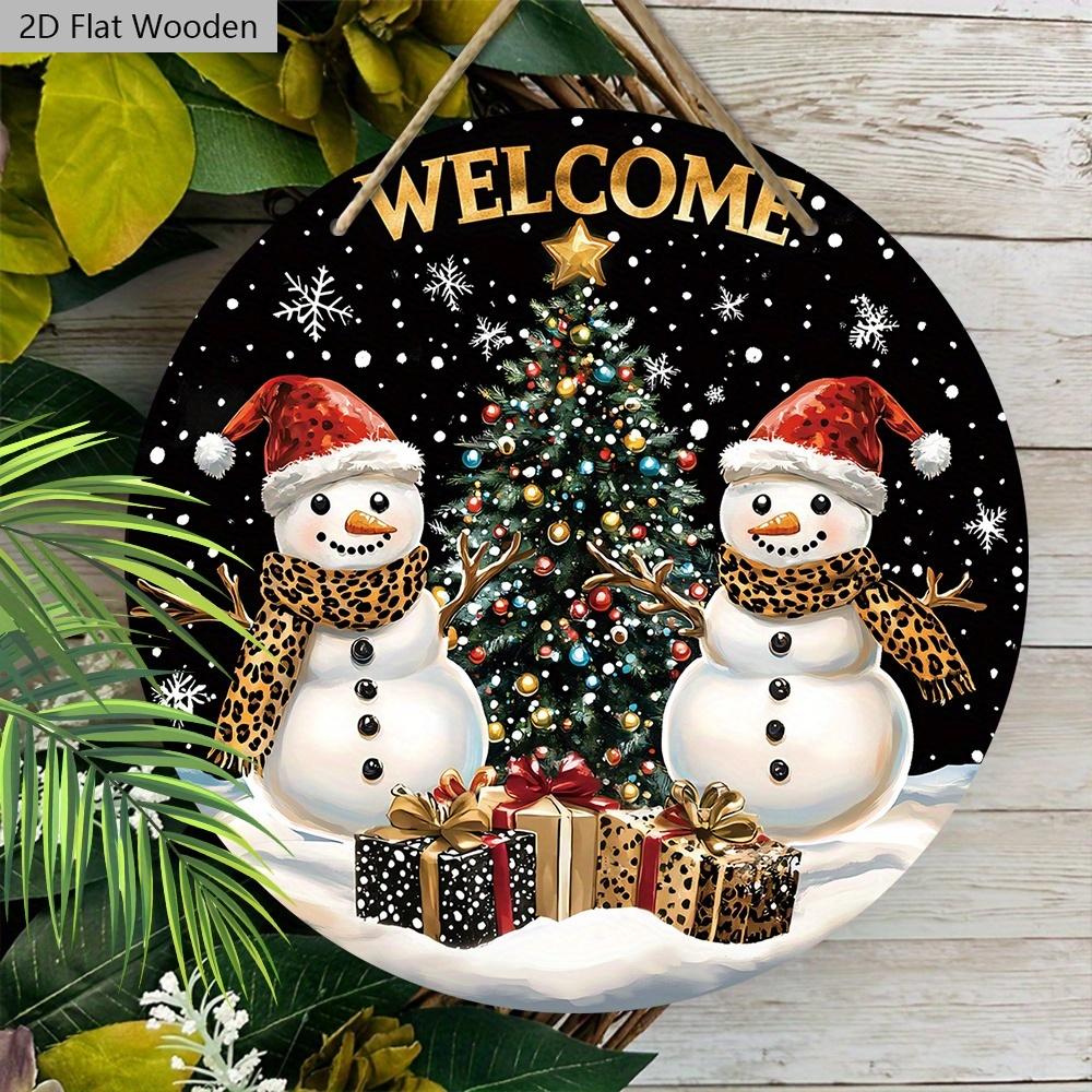 Rustikální vánoční dřevěná uvítací cedule se vzorem sněhuláka - Kulatá cedule Navidad na vchodové dveře, nástěnná dekorace - Ideální vánoční dekorace