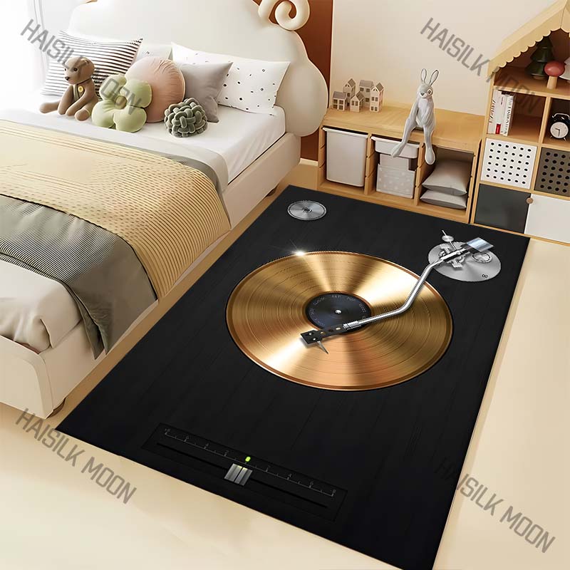 Golden vinyl record turntable tonearm Print Carpet for Living Room Bedroom Sofa Home Decor Rus Non-slip Floor Mat Luxury Gift