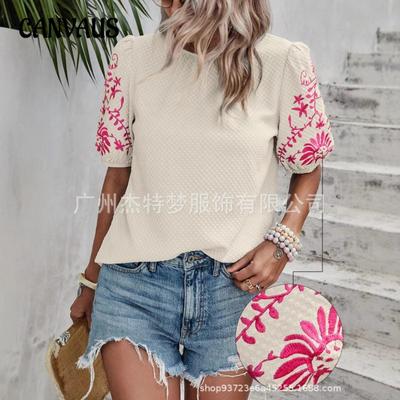 Women's New Spring and Summer Embroidery Round Neck Bubble Short Sleeve T-shirt Tops