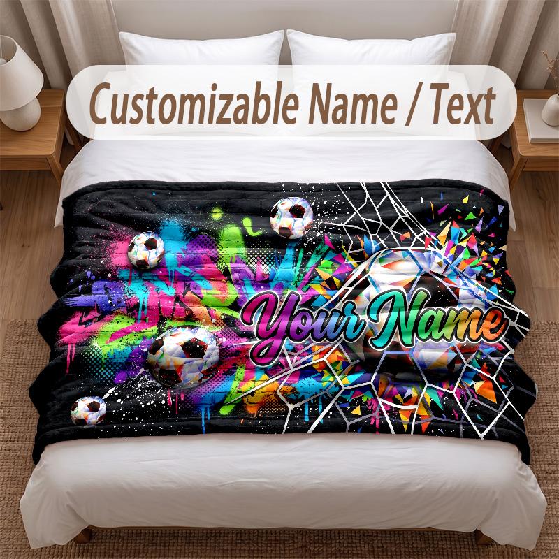 Couverture Douce Thème Football Personnalisée Nom Personnalisé Impression Texte Couverture Chaude Décoration Canapé Maison Chambre à Coucher