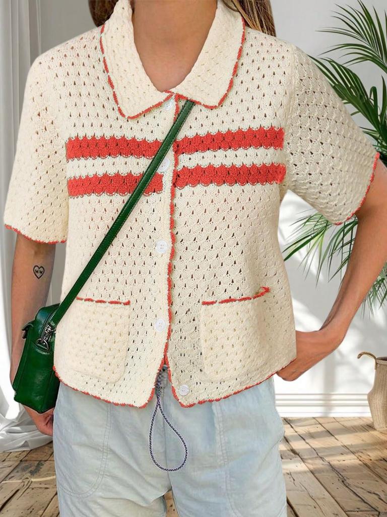 Women's Striped Crochet Knit Cardigan Short Sleeve Button Down Hollow Out Y2K Top
