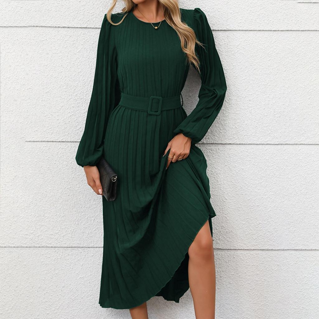 New Autumn Elegant Vintage Solid Color Pleated Long Sleeve Work Dress