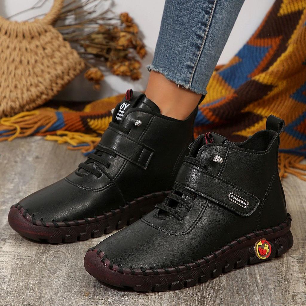Winter Plush Women's Boots Oxford Handmade Sewing Soft Soled Sneakers Leather Ankle Boots for Women Warm Plush Cotton Shoes
