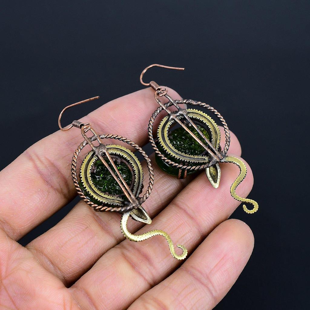 Moldavite 999 Copper Wire Wrapped Earrings, Handmade Gemstone Jewelry Earrings For Memorial Day