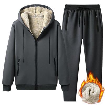 Men's Winter Solid Color Thick Casual Set Warm Jacket+Pants Plus Size Two Piece Set