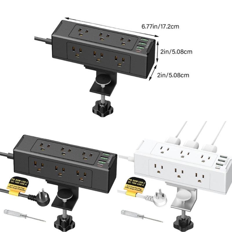 Desk Edges Mount Power Strips with 6 Outlets & 4 Fast Charging USB Port Tabletop Surges Protector Desk Clamps Power Socket