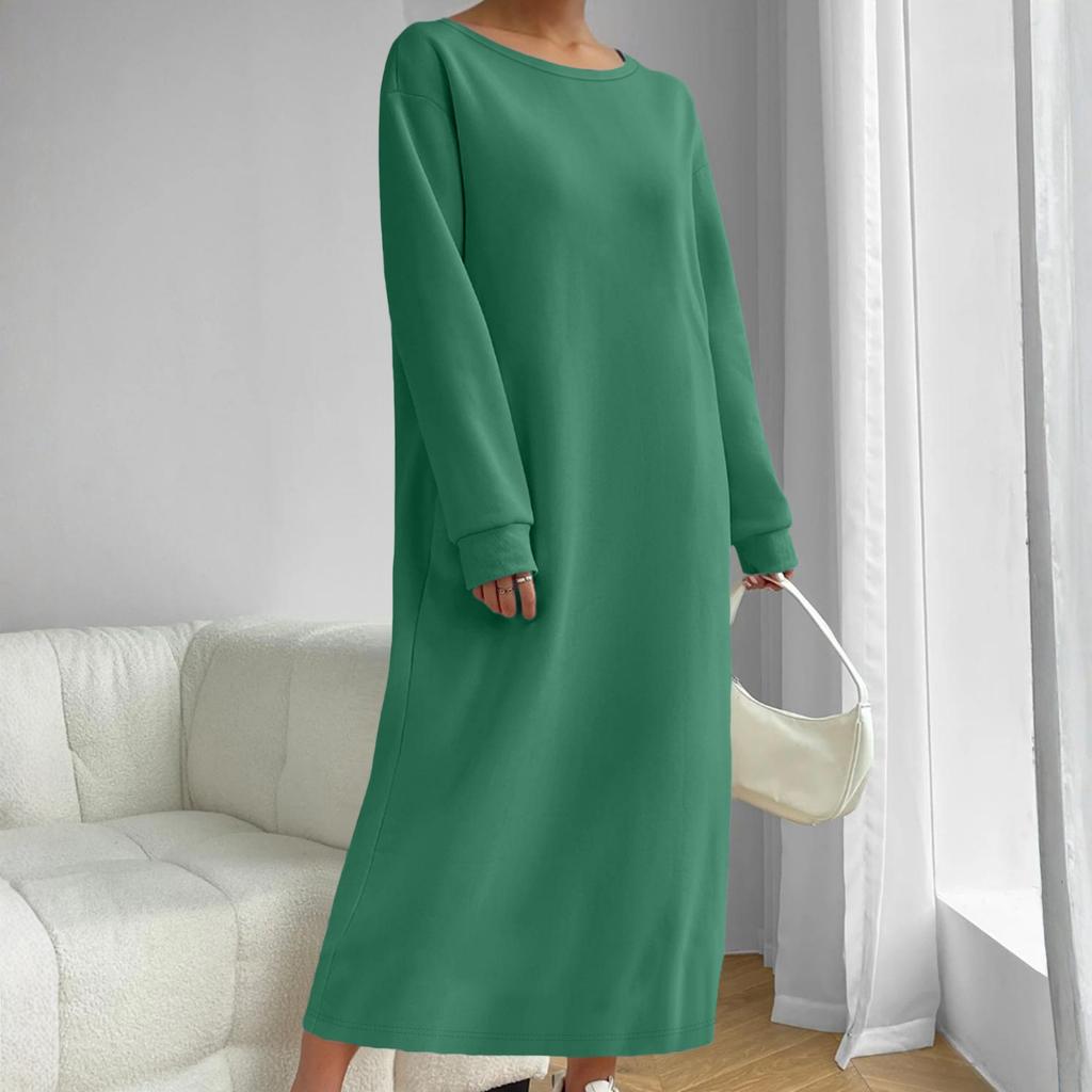 Women's Solid-color Fashionable Long-sleeved Round-neck Dress
