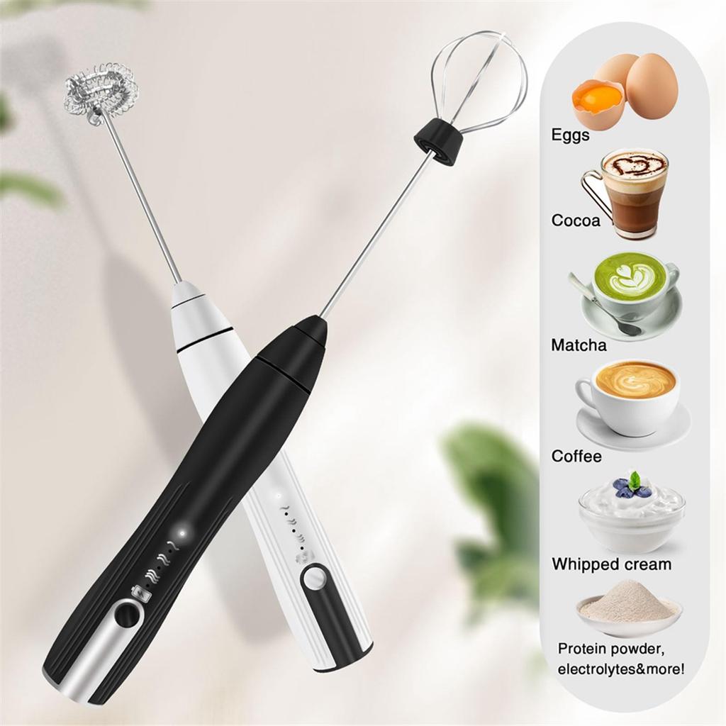 Rechargeable Milk Frother Handheld with 3 Speeds, Powerful Whisk Drink Mixer with 2 Head for Coffee, Foam Maker Black