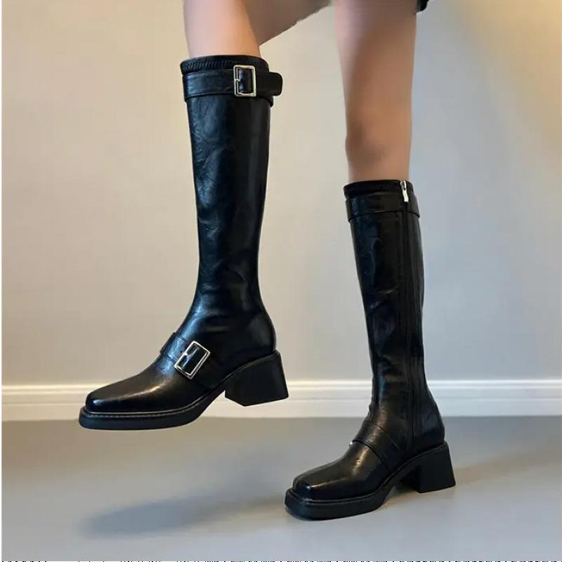 Belt Buckle Long Women's Winter New Knight Boots Thick Heel Above Knee French Vintage Boots Women's Motorcycle Boots
