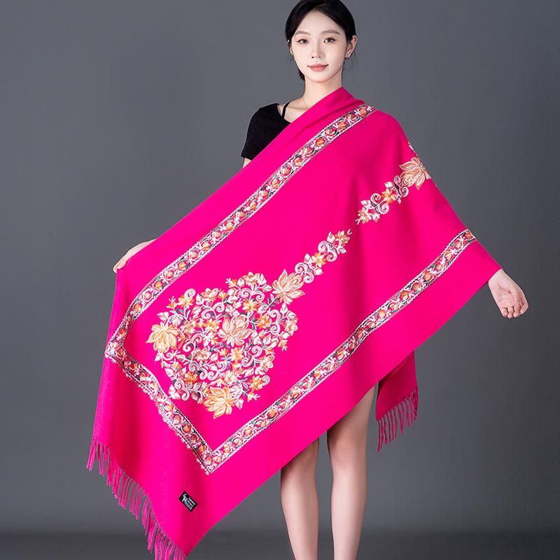 

Autumn Winter Nepal Floral Embroidery Scarf Women S Ethnic Style Fringed Large Wrap Outerwear Fashionable Commute Cotton Blend 200cm