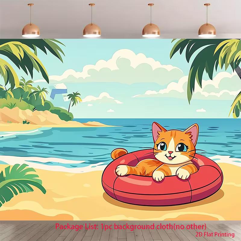 

2D Tropical Beach Cat Tapestry, Summer Ocean & Palm Tree Wall Decor Background 47.2x31.5inch/120*80cm