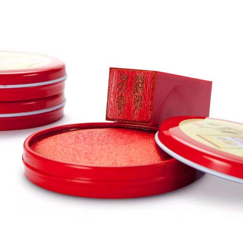 Red Quick-Drying Stamp Ink Pad for Finance Office Use - Round Iron Box for Fingerprints and Cloth Surfaces.