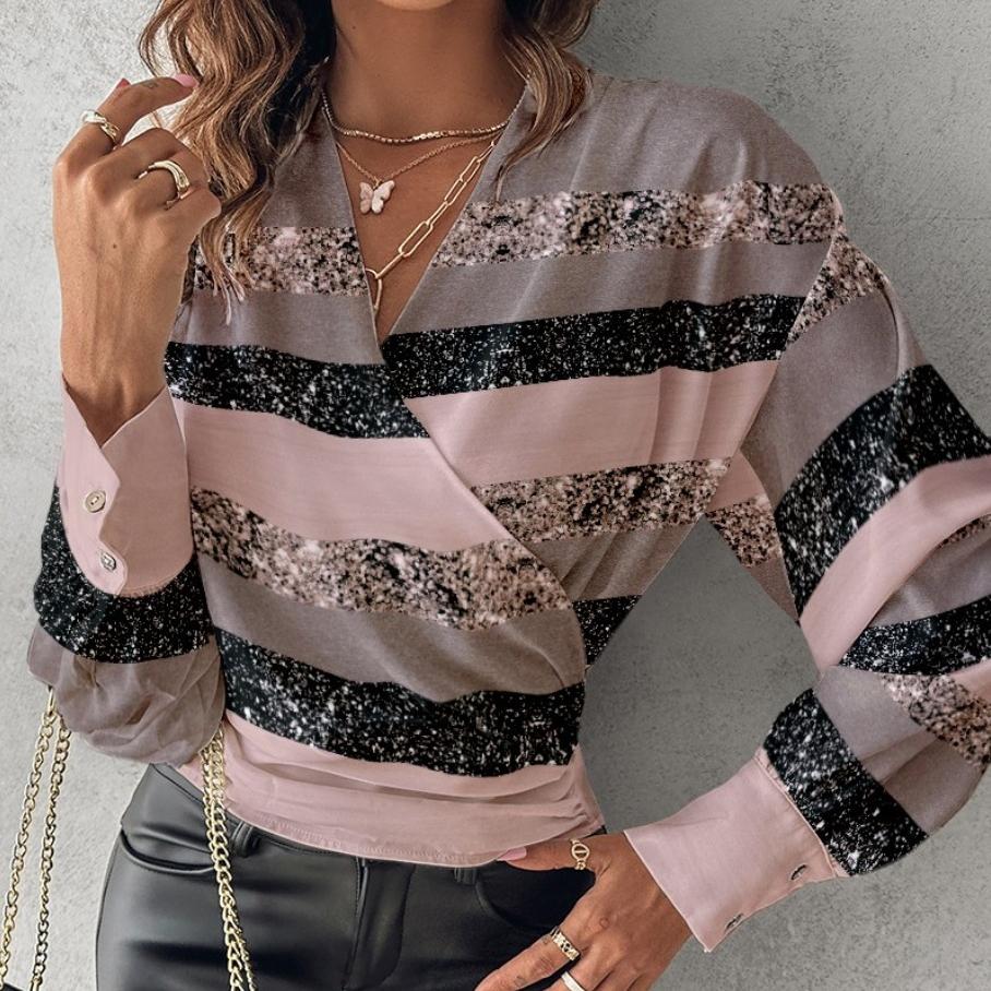 YYFS Women's Fashion Casual Fall Solid Color Print Long Sleeve V-Neck Blouses & Shirts Pullovers