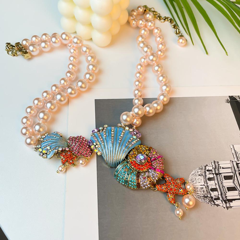 Double-layer Pearl Beaded Necklace Exaggerated Beach Style Jewelry Shell Conch Earrings  Women