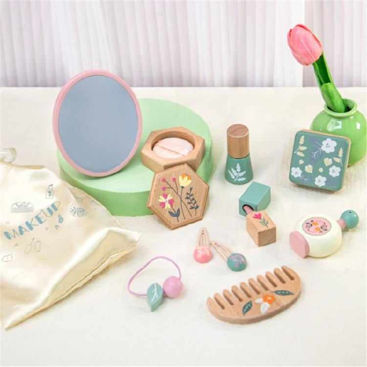 Kids Wooden Pretend Beauty Set 10Pieces Makeup Toy Set For Girls Age 3 4 5+ Includes Cosmetic Tools Mirror Creative Play Gift