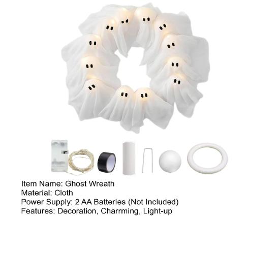Halloween Ghost Wreath with 12 LED Lights Small Light-up White Ghost Hanging Wreath for Front Porch Door Wall Indoor Outdoor Decoration