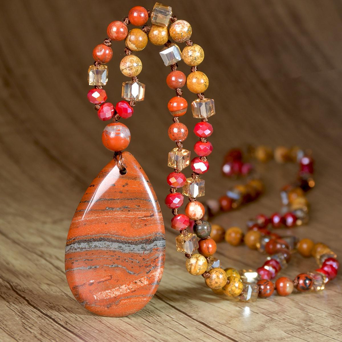 

Women s Pink Crystal & Colorful Agate Water Drop Necklace: Handmade Knotted Sweater Chain with European and American Style