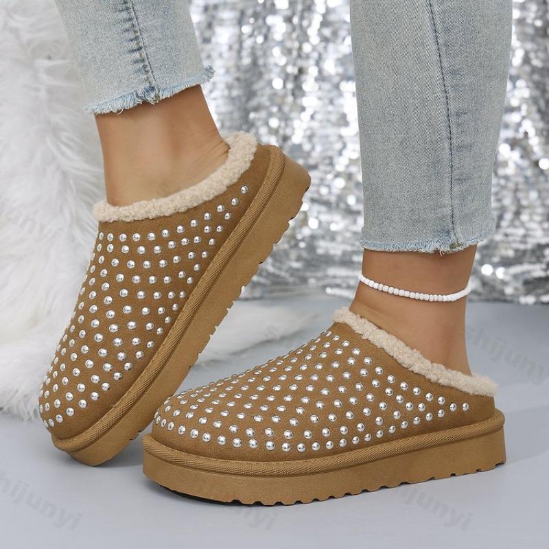 Fashion Women's Cotton Slippers Winter New Fashion Rhinestone Thicken Warm Home Shoes Lightweight Comfortable Outdoor Non Slip Flats