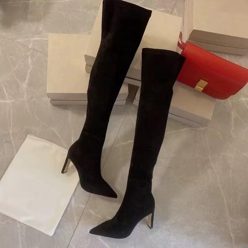 Autumn And Winter New Fashion Sexy Black Pointed Toe Thick Heel Elastic Boots Women's Versatile Temperament High-heeled Boots