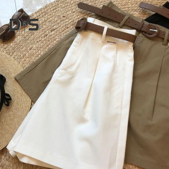 Women Summer Shorts A line Solid Color With Belt High Waist Suit Shorts Loose Pockets Zipper Button Closure Lady Dating Commute Shorts