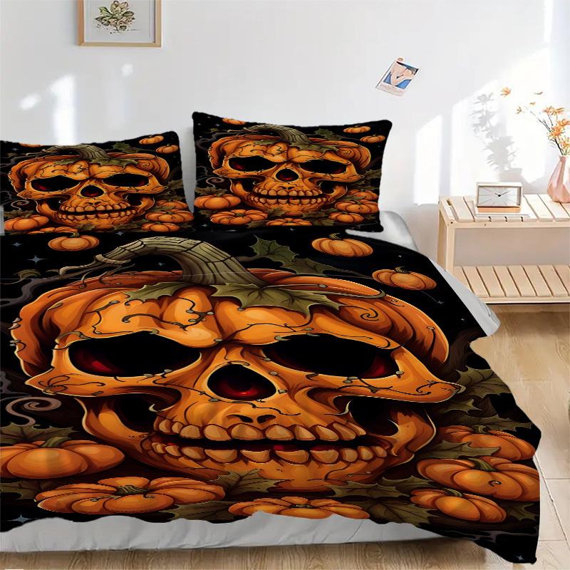 

3pcs Pumpkin Skull Duvet Cover Set - Includes 1 Duvet Cover and 2 Pillowcases, No Quilt Core, All-Season Home Decor yy251111077 135x200cm