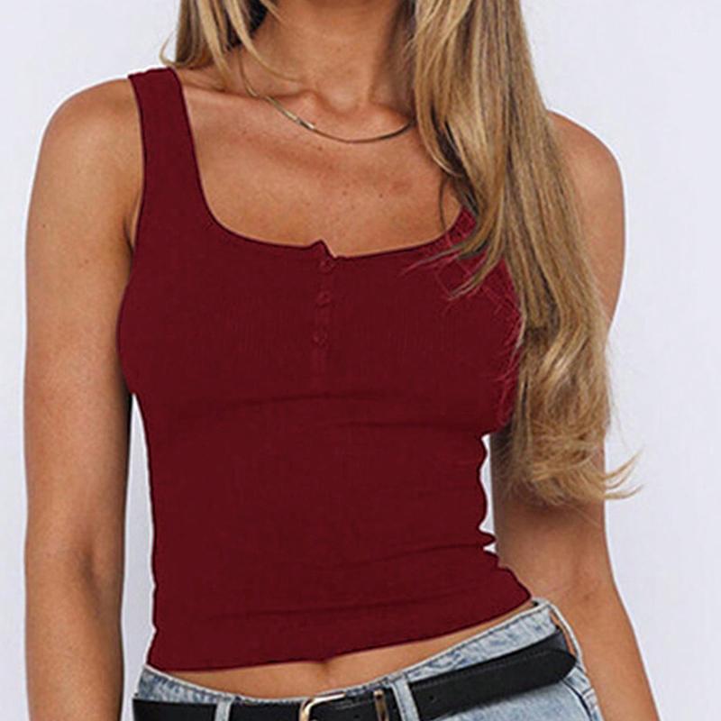 Y2K Women Summer Strap Button Square Collar Solid Color Causal Slim Fit Vest Crop Top