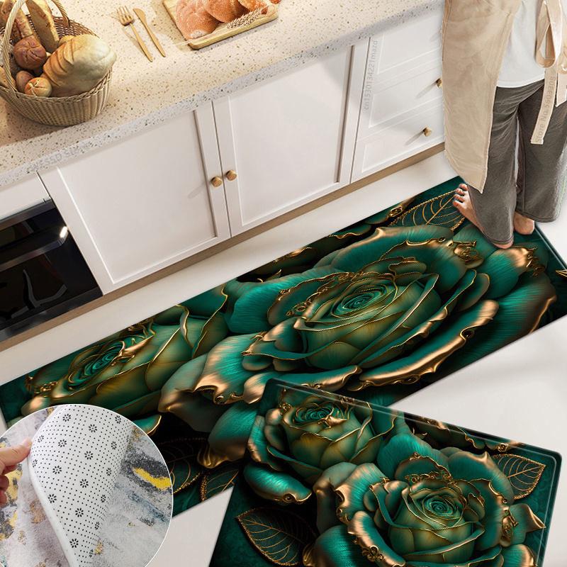

Цветочный ковер, кухонный коврик, 3D ковер с цветочным принтом розы, напольный коврик для кухни, ванной комнаты, прикроватная тумбочка, нескользящий абсорбирующий мягкий бархат 60x90+60x180cm 2pcs