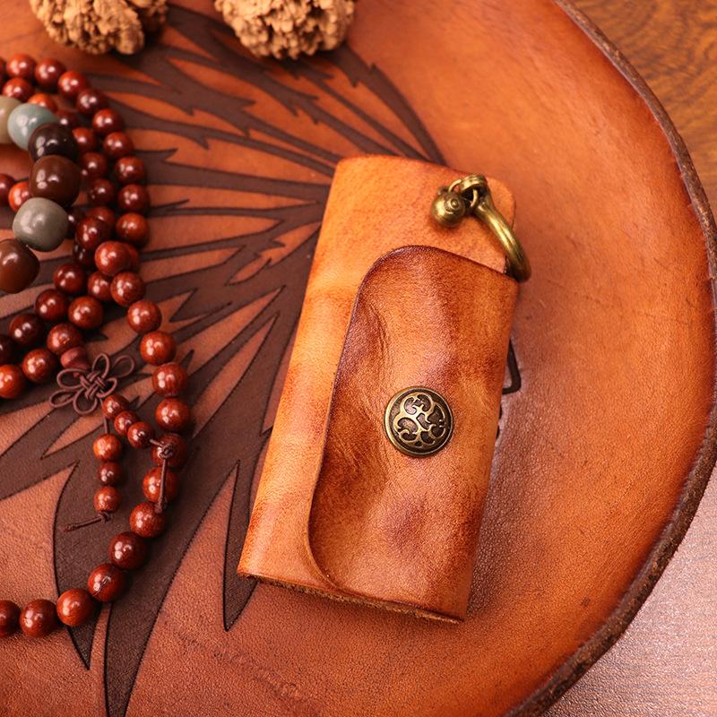 Top Layer Cowhide Vegetable Tanned Leather Key Bag for Men, Retro, Simple, Vintage, Pleated, Hand-held, Mini Keychain for Women