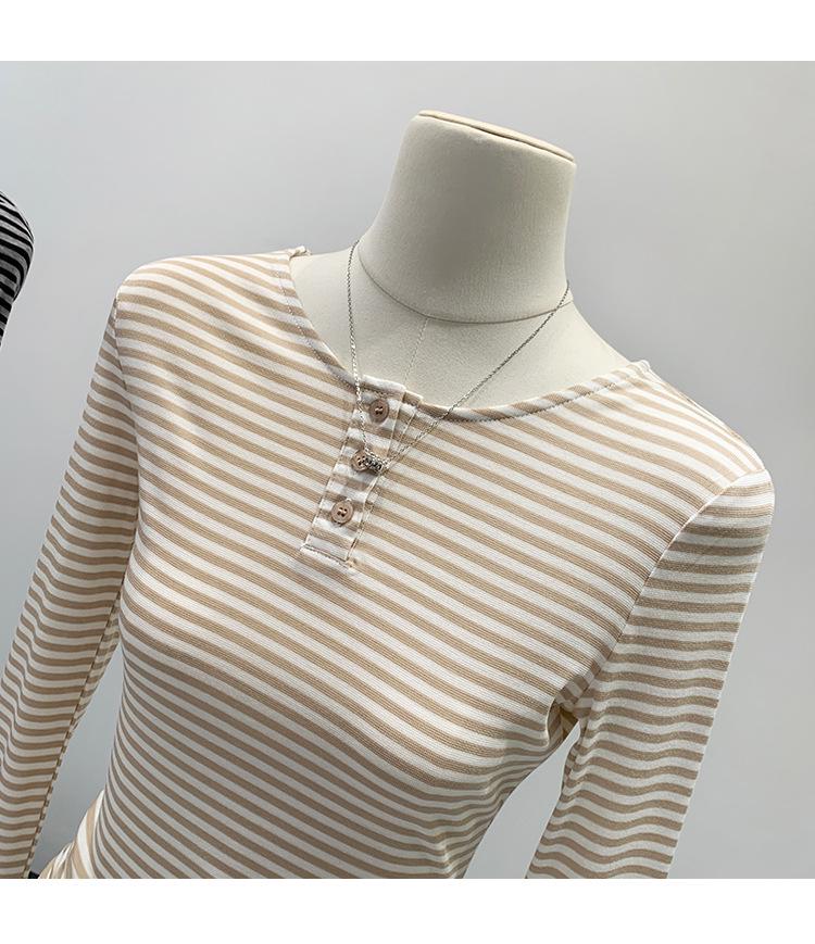 Haut de base à rayures à manches longues de longueur moyenne pour femme - Style coréen Hiver 2026