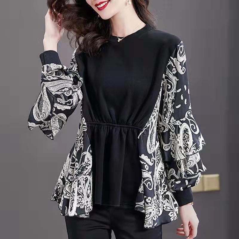 Casual Fashion O-nechk Loose Long Sleeved T-shirts Patchwork Print All-match Trend Spring Autumn Women's