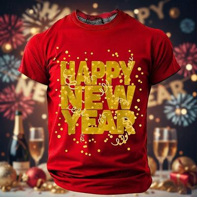 Neujahr Herren T-Shirt Frohes Neues Jahr Buchstabenmuster Lässig Vielseitig Herren Große Größe 3D T-Shirt